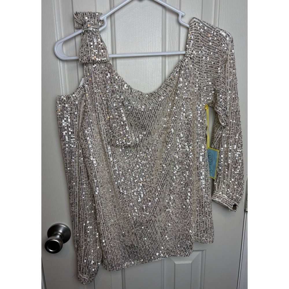 CeCe Sparkle & Shine Shirt Champagne Silver Sequin Cold Shoulder